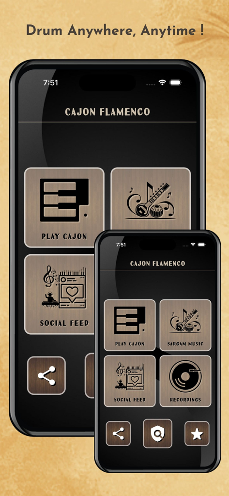 Pantalla de inicio de la app móvil Cajon Flamenco con opciones para tocar cajón, música sargam, feed social y grabaciones.
