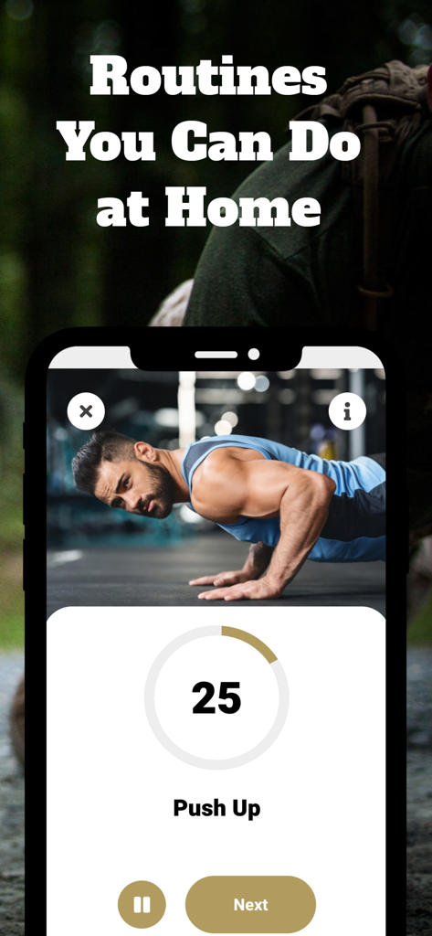 Military and Army Workouts - A man performing a push-up on a mobile app interface titled Routines You Can Do at Home.
