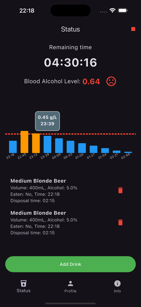 Interface do aplicativo Temporizador de Álcool mostrando gráfico de nível de álcool no sangue e contagem regressiva do tempo restante.