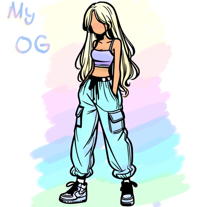 girl in baggy pants crop top and long hair