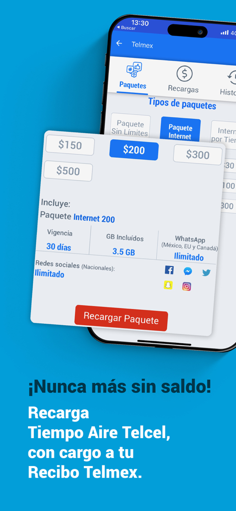 Schermata dell'app mobile Telmex per ricaricare il credito Telcel e i pacchetti dati