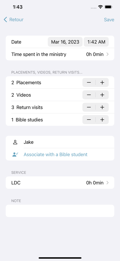 MyMinistryApp - MyMinistryApp interface for recording ministry time and service activity details