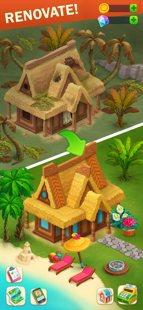 The Farmers: Island Adventure - Before and after comparison of a renovated tropical beach hut with outdoor lounge chairs and flowers.