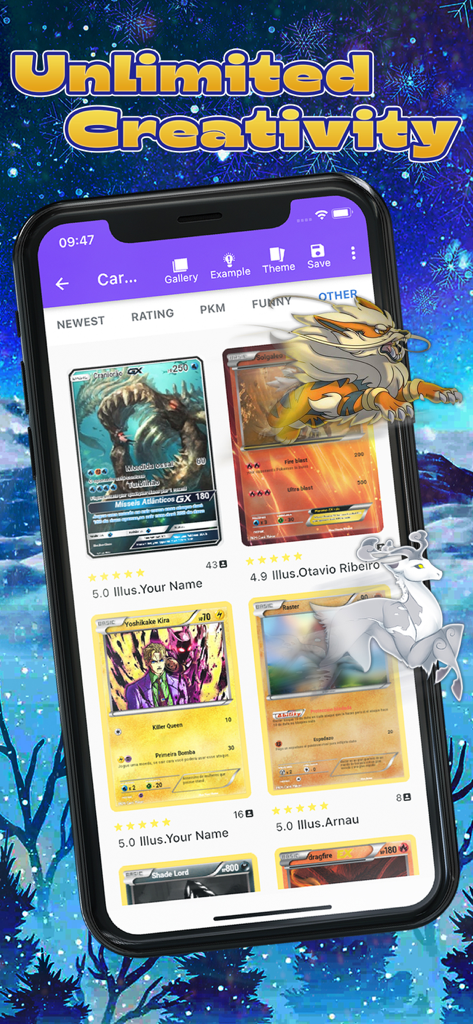 A gallery view of various user-created custom trading cards within the app interface showing different monster and character designs.