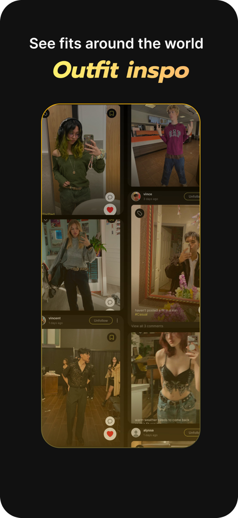 Fitdrop - The Fitdrop app discovery screen featuring real-world outfit inspiration and fitchecks from global users.
