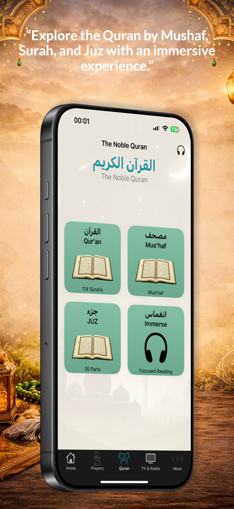 Quran & Qibla - Prayer Times - Smartphone screen displaying the Noble Quran menu with options for Surah Mushaf and Juz reading modes