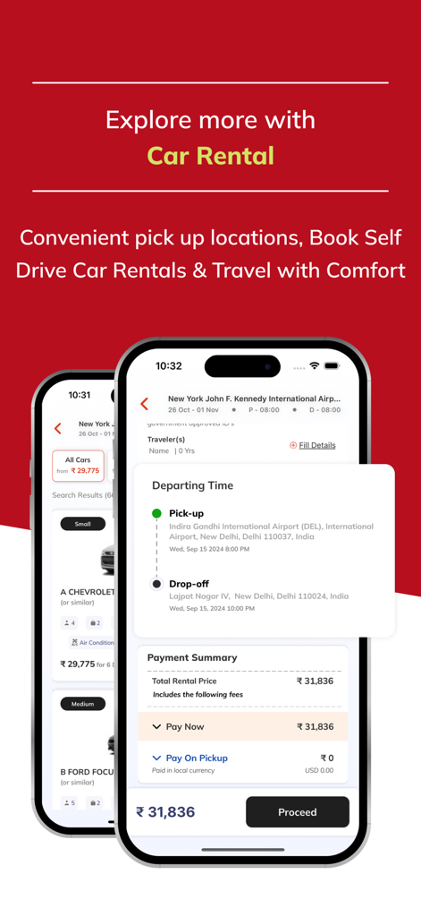 Travomint Flight, Hotels & Car - Travomint mobile app screen for booking car rentals with airport pickup in New Delhi India