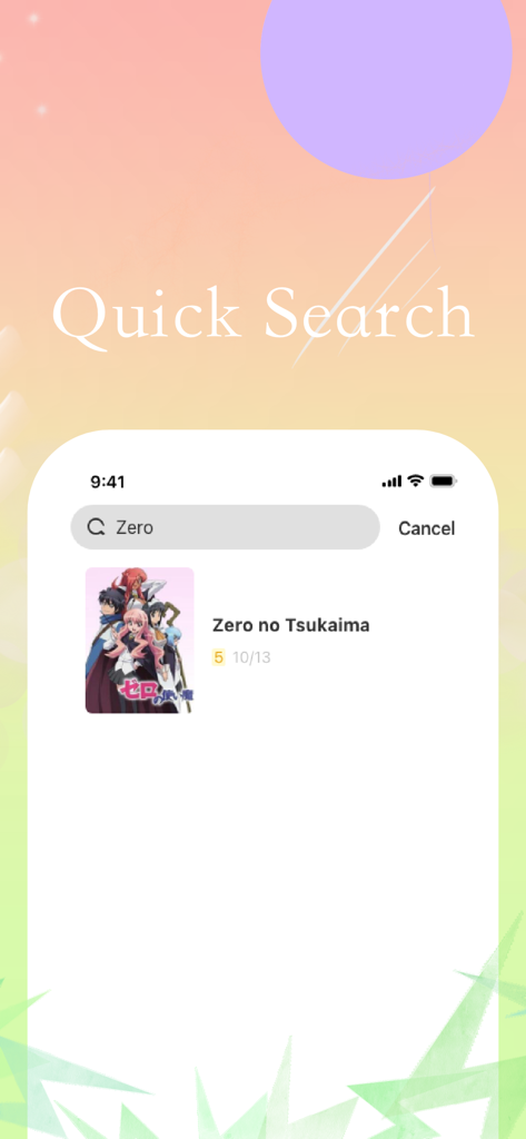 MyMedia- Track And Record Mate - Eine mobile Benutzeroberfläche, die die Schnellsuche-Funktion der MyMedia-App mit Anime-Suchergebnissen zeigt