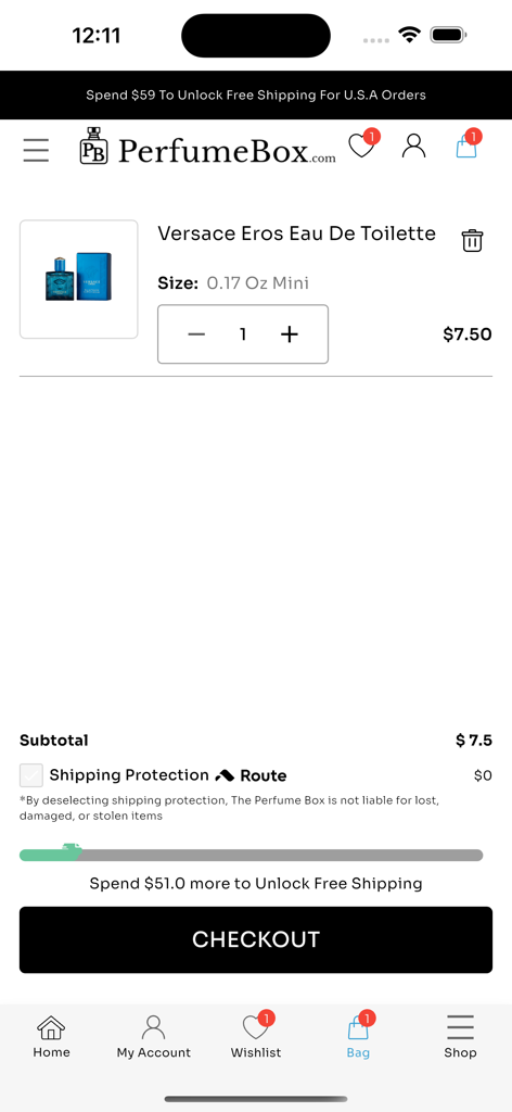 The PerfumeBox - Einkaufstaschenbildschirm in der The PerfumeBox App, der einen Versace Eros Duft im Warenkorb mit einer Schaltfläche zur Kasse anzeigt.