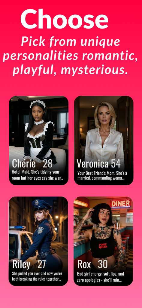 Ourdream: AI Companion - A screen from the Ourdream AI Companion app displaying different AI character profiles with unique personalities and descriptions.