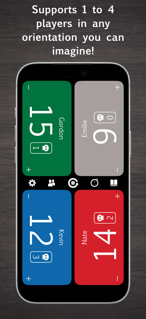Mutility: MTG Life Counter - Interface of Mutility MTG life counter showing four players with life totals and poison counters in a tabletop layout