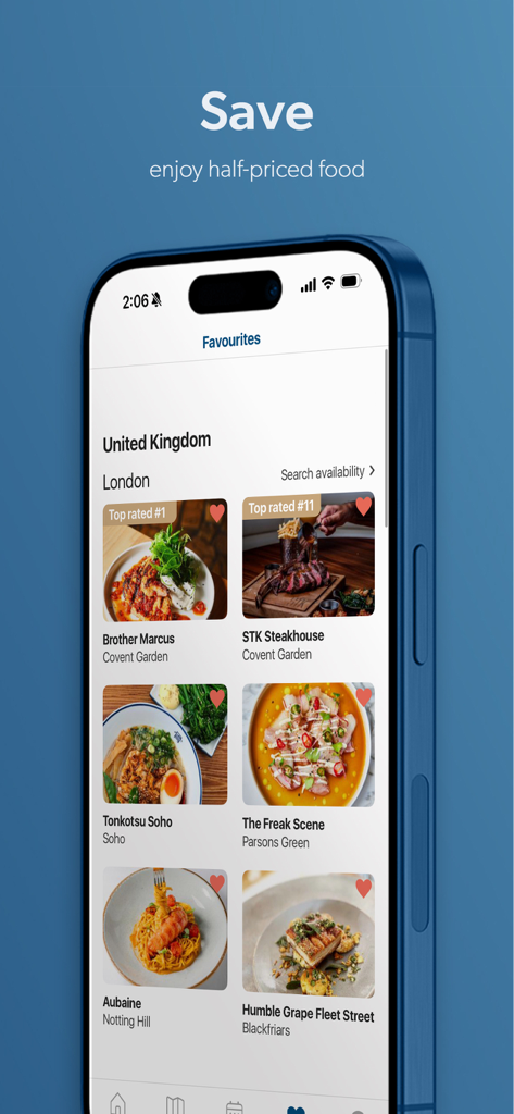 Smartphone screen showing the First Table app featuring top rated restaurant deals and 50 percent food discounts.