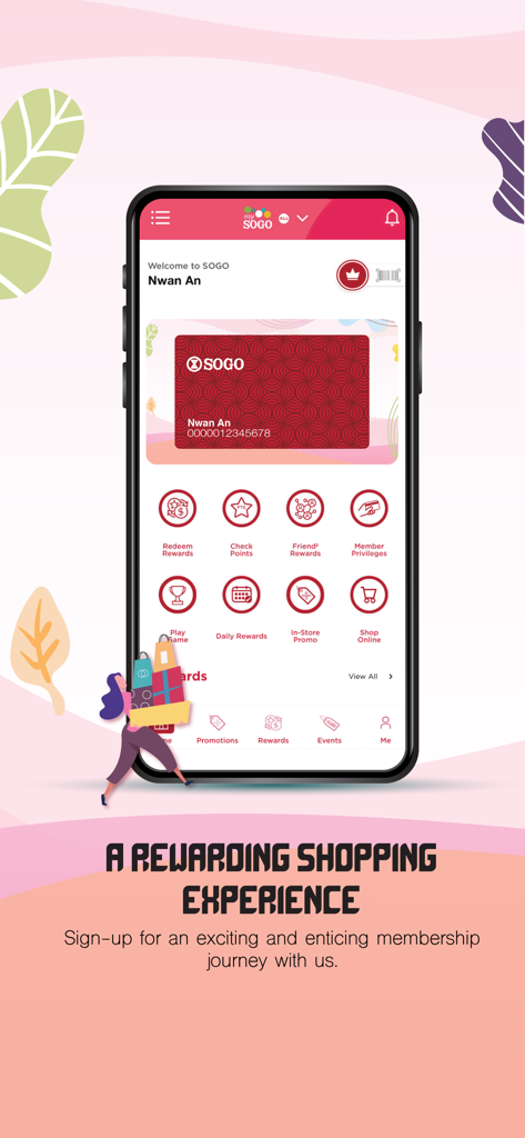 MYSOGO mobile app home screen showing digital membership card and loyalty program rewards