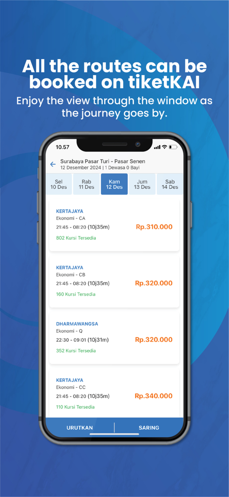Mobile app interface showing available train routes and prices in Indonesia