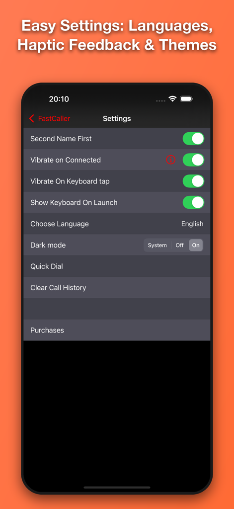 FastCaller - FastCaller app settings screen showing options for haptic feedback, language selection, and dark mode.