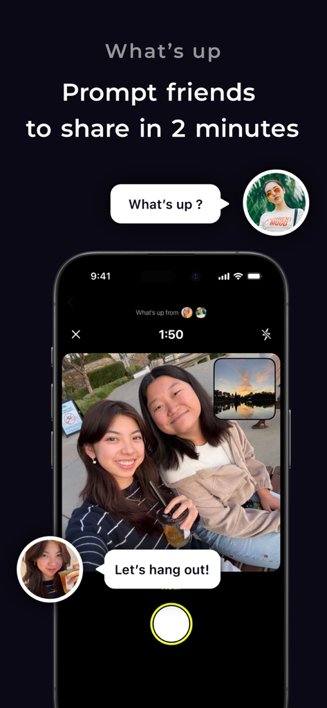TapNow. Friends on homescreen. - Interface do aplicativo TapNow mostrando um desafio de compartilhamento de fotos de dois minutos entre amigos