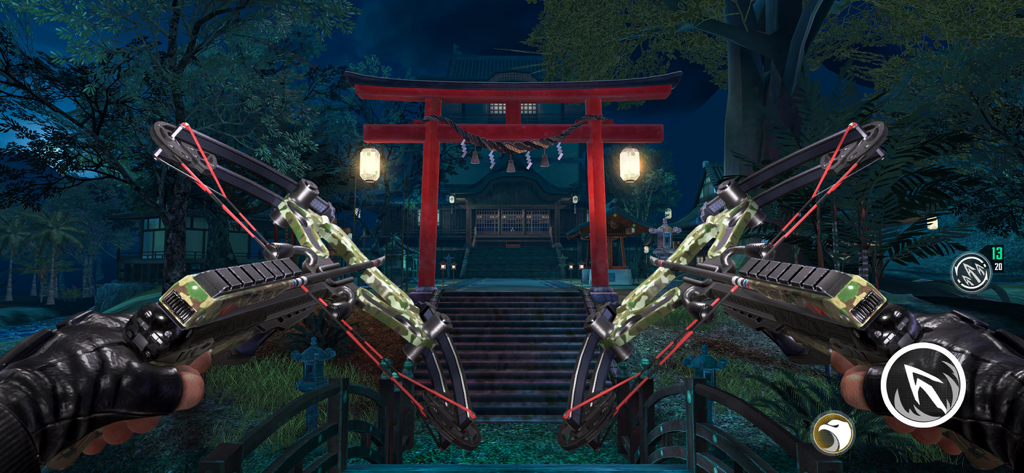 First person view of dual tactical crossbows at a Japanese shrine in Ninjas Creed 2 Shadows.