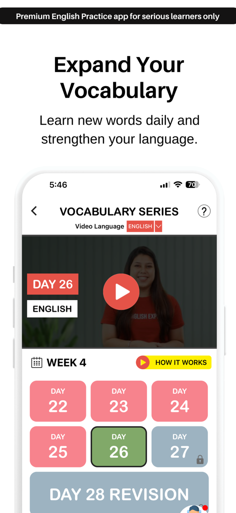 EngVarta: English Speaking App - 毎日の英単語ビデオレッスンと週刊学習計画を示すEngVartaアプリ画面