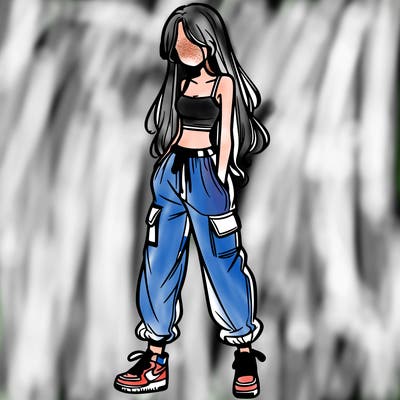 girl in baggy pants crop top and long hair
