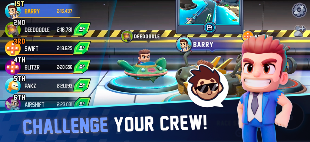 Jetpack Joyride Racing - Tabla de clasificación multijugador en Jetpack Joyride Racing con Barry Steakfries y el texto Desafía a Tu Equipo