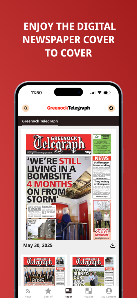 Greenock Telegraph - Screenshot of the Greenock Telegraph app displaying a digital newspaper cover on a smartphone.