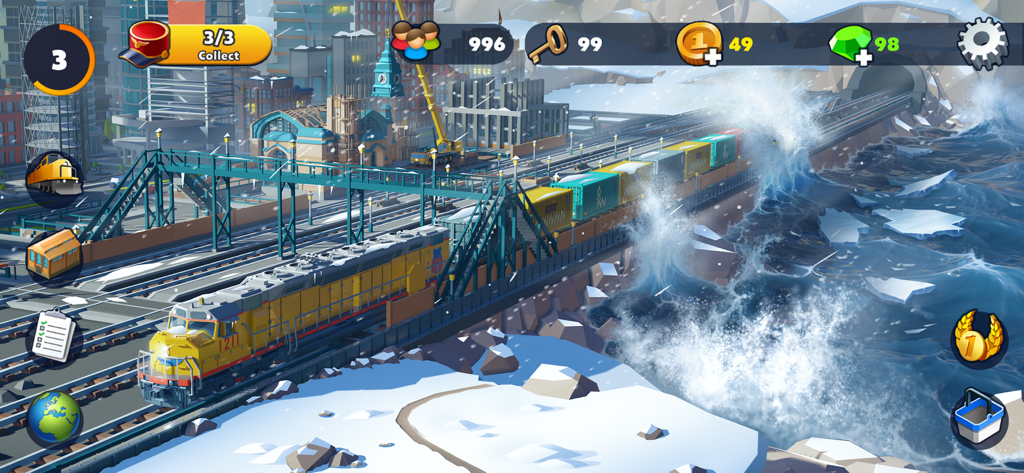 A yellow locomotive and a cargo train crossing a bridge over icy water in the Train Station 2 mobile game.