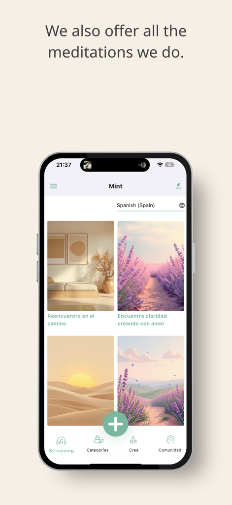 Mint AI app interface showing a library of personalized meditations with calming nature images and Spanish titles