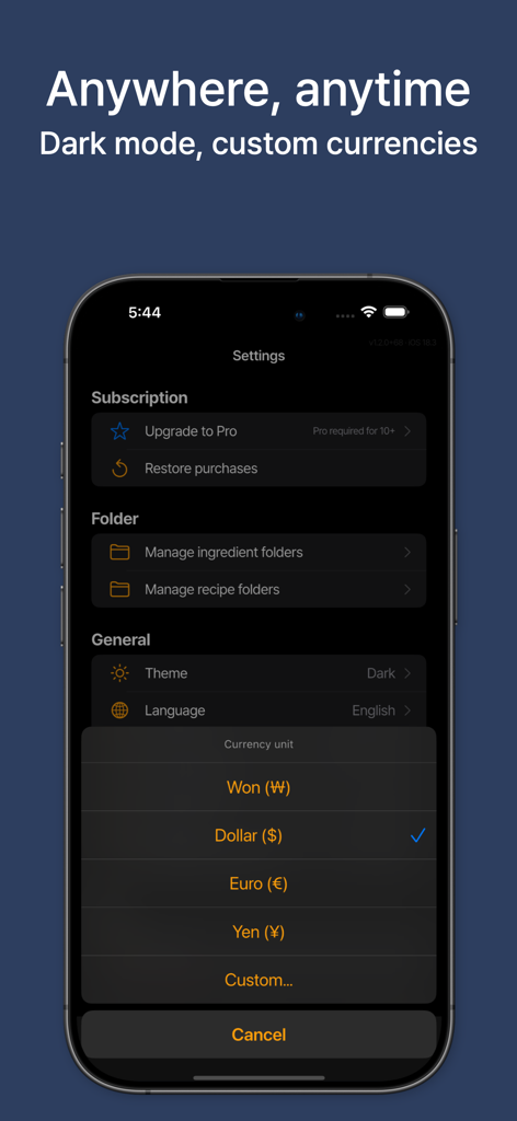 KitchenCost: Recipe Costing - KitchenCost app settings showing dark mode and currency selection menu