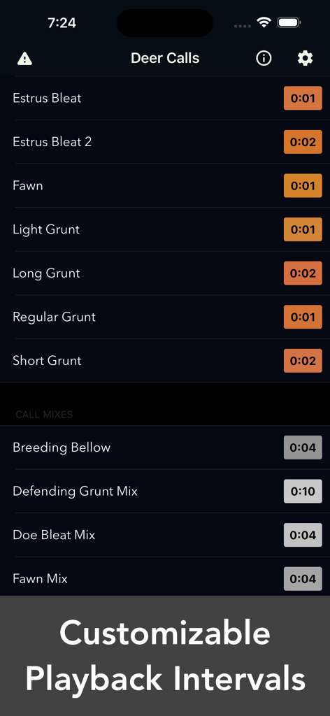 Interface of the Deer Calls app showing various deer sound categories and call mixes