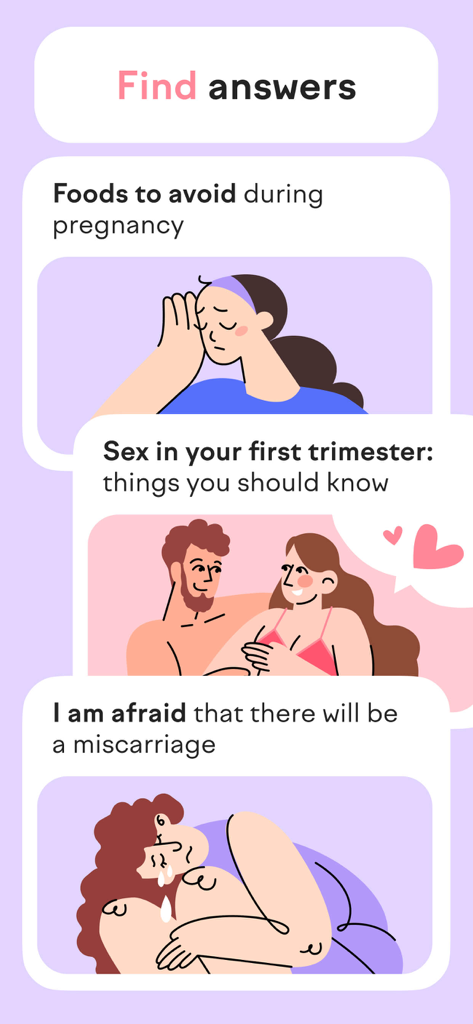 Educational cards in the amma app providing answers to common pregnancy questions about nutrition and health.