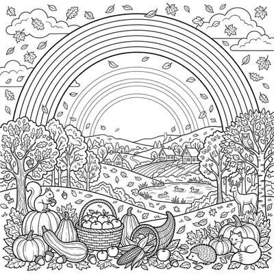 Immerse yourself in the magic of autumn with this stunning coloring page, featuring a rare supernumerary rainbow arching over a bountiful harvest landscape. Discover charming woodland creatures and vibrant fall details, ready for your creative touch.