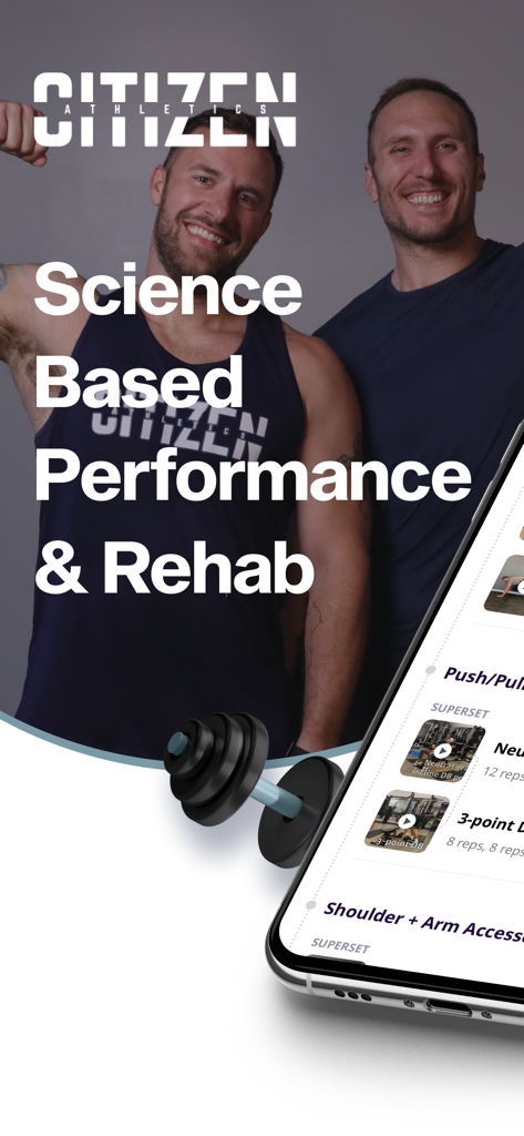 Citizen Athletics v2 - Citizen Athletics app showing science based performance and rehab workouts