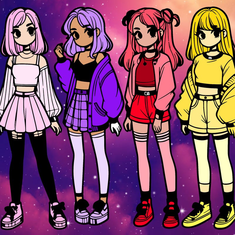 one girl with crop-top shirt and a jacket with a skirt, long socks and another girl with a shirt and pants with a jacket