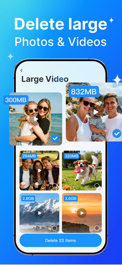 TopCleaner:Release Storage - TopCleaner app interface showing selection of large video files with file sizes for bulk deletion to free up storage