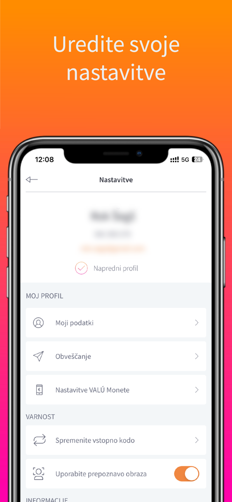 VALÚ - Interface of the VALU app showing user profile and security settings