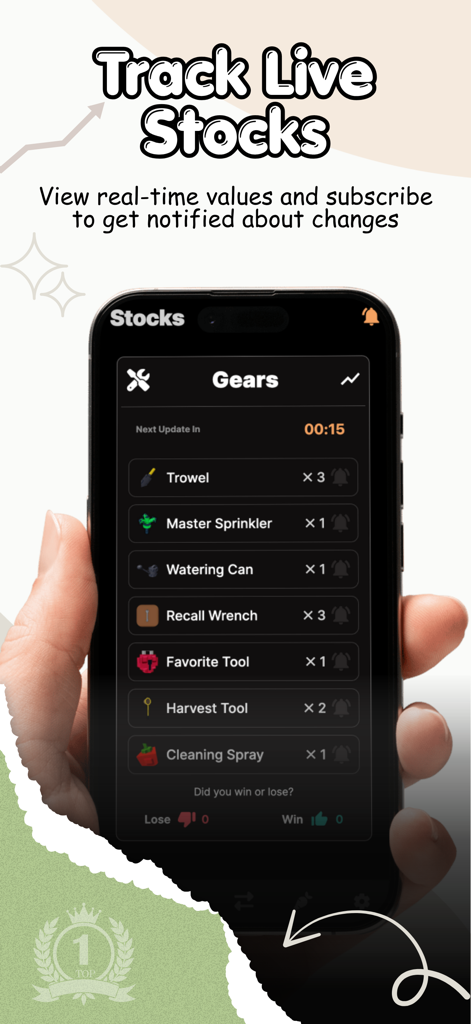 Grow A Garden : Codes & Stocks - Mobile interface showing live stock prices for Roblox game items in Grow A Garden