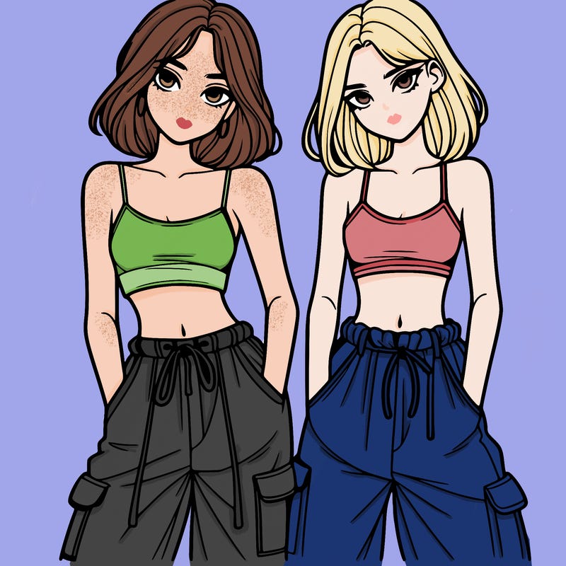 two girls with crop top with baggy pants
