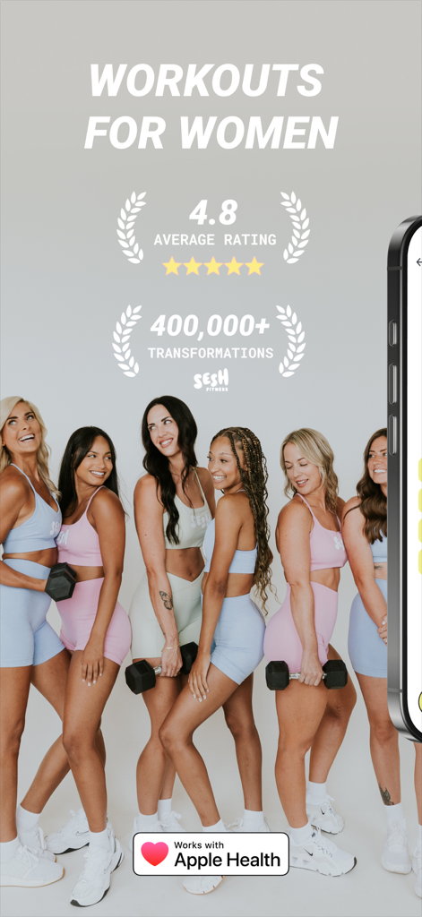 Sesh: Women Fitness & Workouts - Diverse group of women in athletic wear holding dumbbells with Sesh fitness app ratings and transformation statistics.