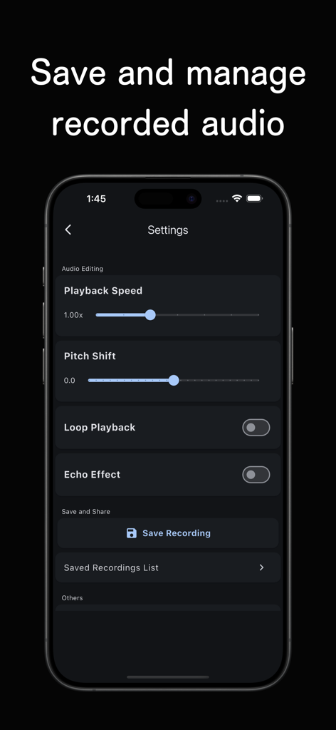 The Reverse Audio app settings screen showing audio editing controls for playback speed pitch shift and saving options