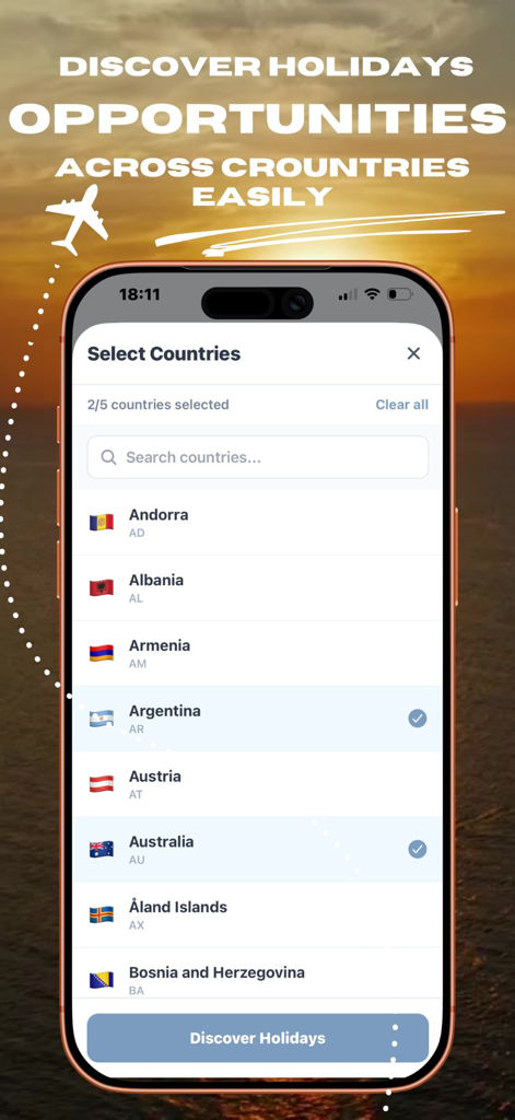 Interface of the Overlap app showing a list of countries to select for holiday comparison.