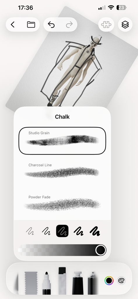 Chalk brush selection menu and male fashion sketch in the Pret a Template app