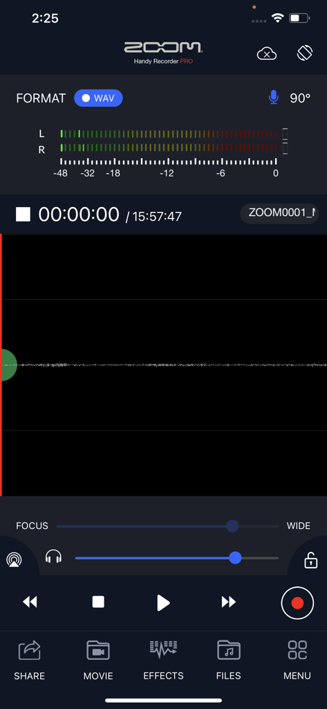 Handy Recorder PRO - The main recording interface of the Handy Recorder PRO app showing audio levels and professional playback controls