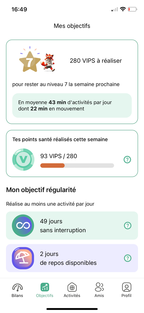 Vipali - Vipali mobile app screen showing health goals points and daily consistency streaks