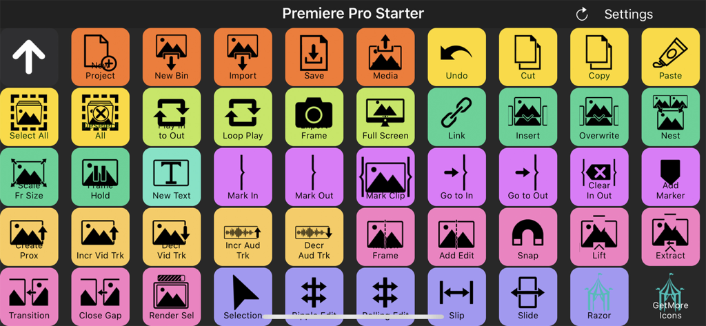 Touch Portal - Eine Touch Portal digitale Makro-Deck-Oberfläche mit bunten Tasten für Adobe Premiere Pro Videoschnitt-Verknüpfungen
