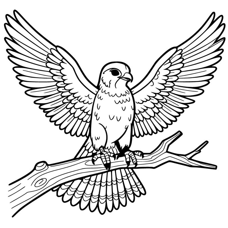 a falcon perched on a branch with its wings spread wide