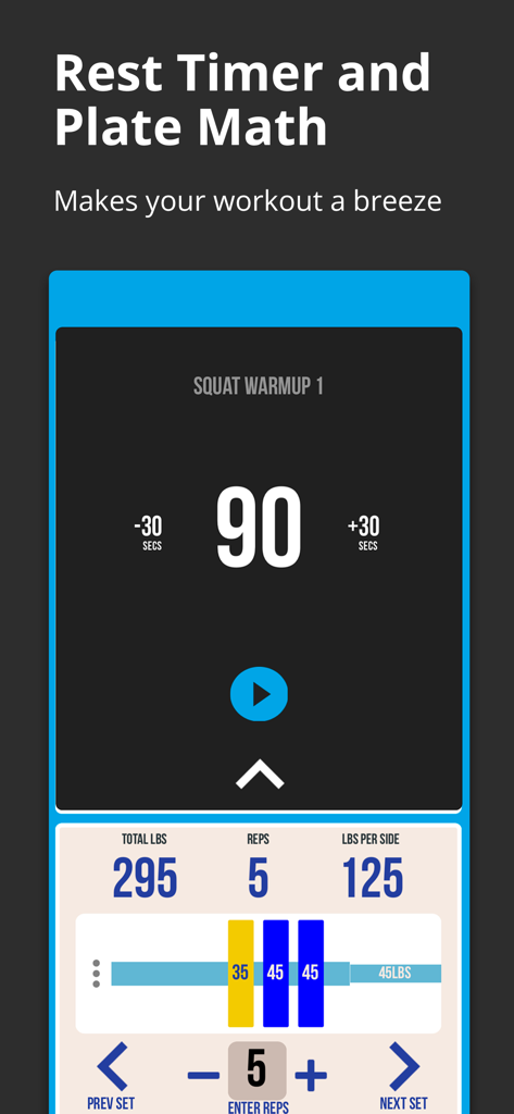 Starting Strength Official - Starting Strength app screen showing a rest timer set to 90 seconds and a weight plate calculator for a 295 pound squat workout.