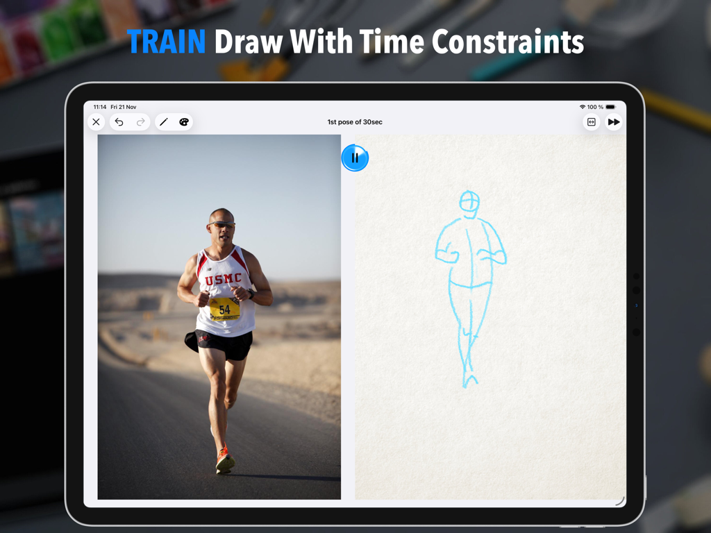 Una interfaz de iPad en pantalla dividida que muestra una foto de referencia de un corredor y un boceto gestual rápido con un temporizador.