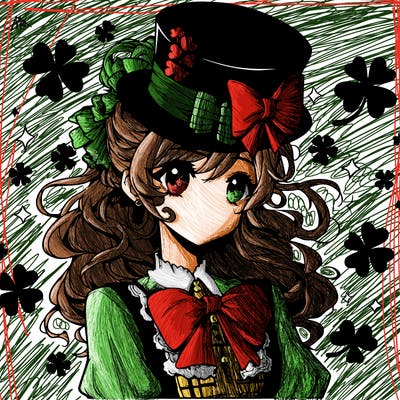a manga-style girl with clovers around her, a little hat in her hair, like it's saint patrick's day