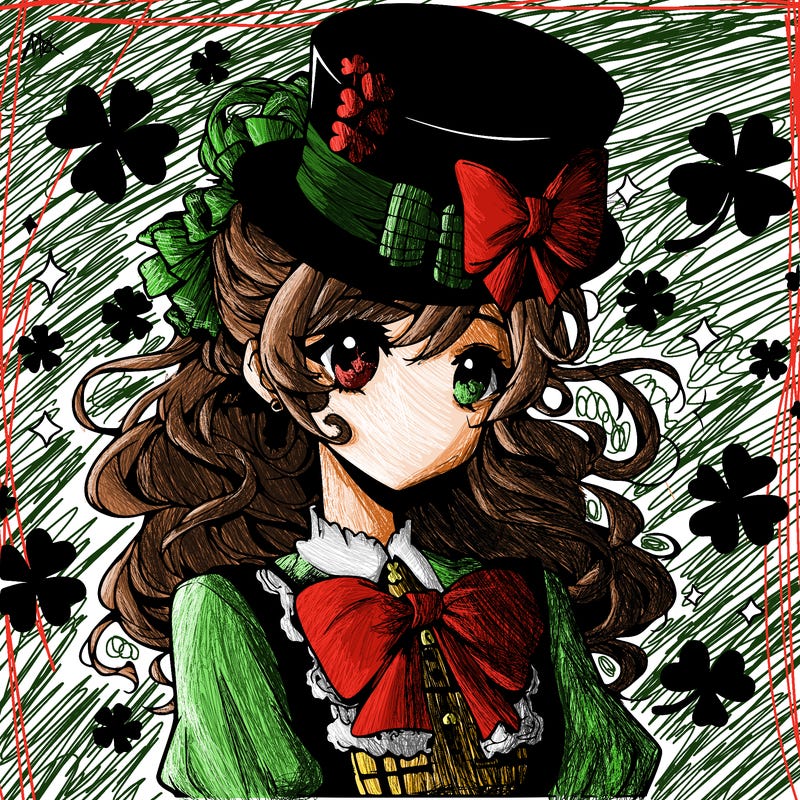 a manga-style girl with clovers around her, a little hat in her hair, like it's saint patrick's day