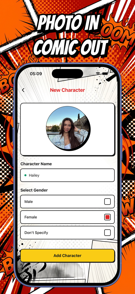 Pantalla de smartphone que muestra la interfaz de creación de nuevos personajes en la aplicación RYU comic maker con una foto de perfil y entrada de nombre.